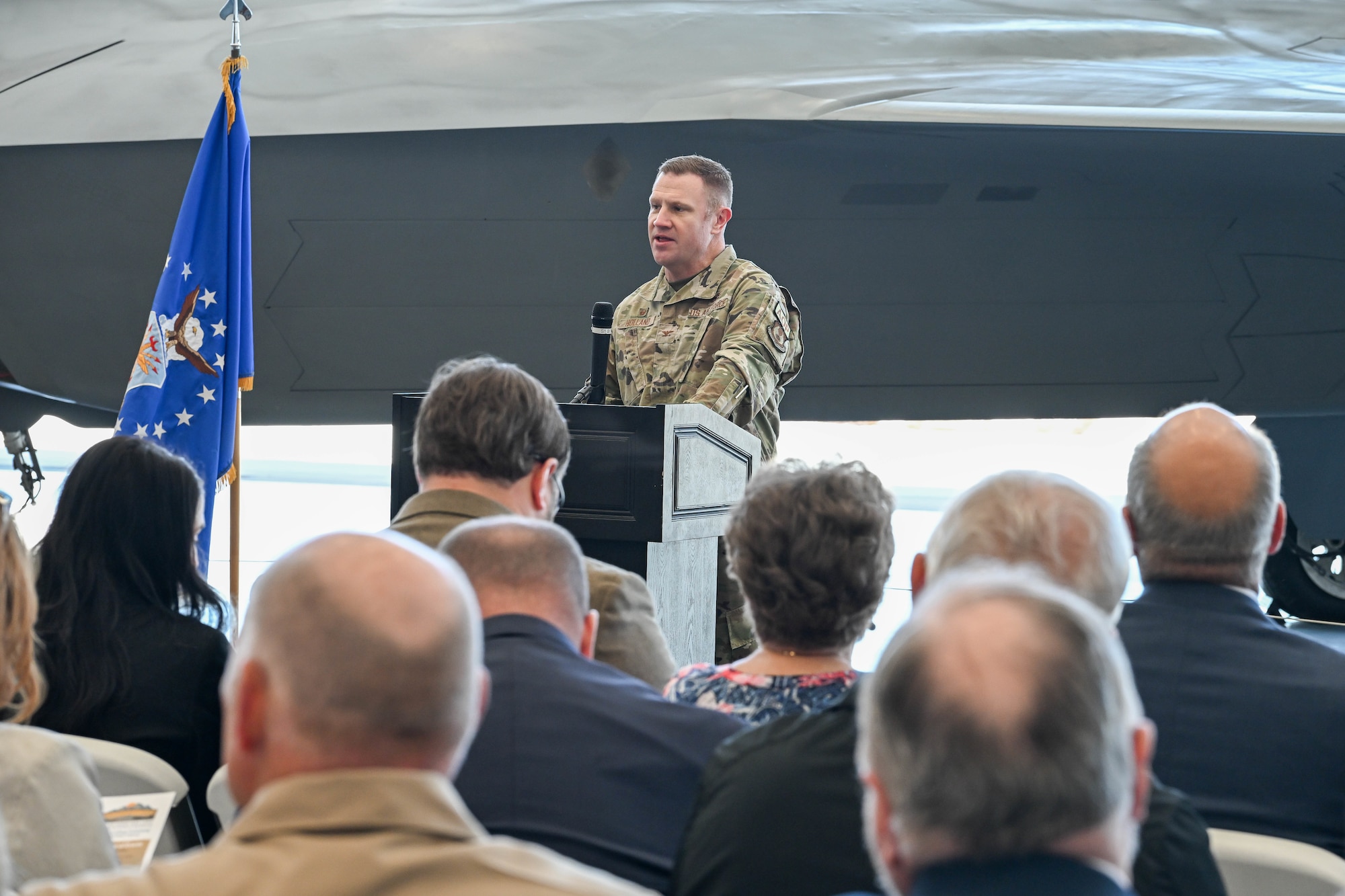 Col. Jeffrey Holland, 75th Air Base Wing commander, speaks at the ribbon cutting ceremony of the new L.S. Skaggs Gallery at the Hill Aerospace Museum at Hill Air Force Base, Utah, April 29, 2024. The new gallery is a 91,000 square foot hangar and provides a 70% increase to the indoor exhibition space. (U.S. Air Force photo by Cynthia Griggs)