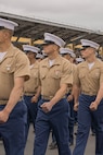 U.S. Marine Corps Pfc. Nicholas Brooklier, a former U.S. Army captain, now graduating with Golf Company, 2nd Recruit Training Battalion marches on the parade deck during a graduation ceremony at Marine Corps Recruit Depot San Diego, California, April 26, 2024. Graduation took place at the completion of the 13-week transformation, which included training for drill, marksmanship, basic combat skills, and Marine Corps customs and traditions. (U.S. Marine Corps photo by Lance Cpl. Alexandra M. Earl)