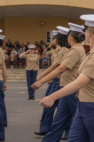 U.S. Marines with Golf Company, 2nd Recruit Training Battalion, march in review for Sgt. Maj. Kristy Valdez, the parade reviewing officer of the graduation ceremony at Marine Corps Recruit Depot San Diego, California, April 26, 2024. Graduation took place at the completion of the 13-week transformation, which included training for drill, marksmanship, basic combat skills, and Marine Corps customs and traditions. (U.S. Marine Corps photo by Lance Cpl. Alexandra M. Earl)