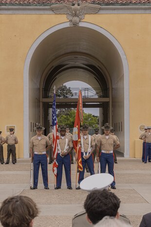 U.S. Marines with the Regimental Color Guard, Recruit Training Regiment, MCRD San Diego, participate in the morning colors ceremony with educators from Recruiting Stations Chicago, Kansas City, and Saint Louis in attendance at Marine Corps Recruit Depot San Diego, California, April 26, 2024. Participants of the workshop visit MCRD San Diego to observe recruit training and gain a better understanding about the transformation from recruits to United States Marines. Educators also received classes and briefs on the benefits that are provided to service members serving in the United States armed forces. (U.S. Marine Corps photo by Lance Cpl. Alexandra M. Earl)