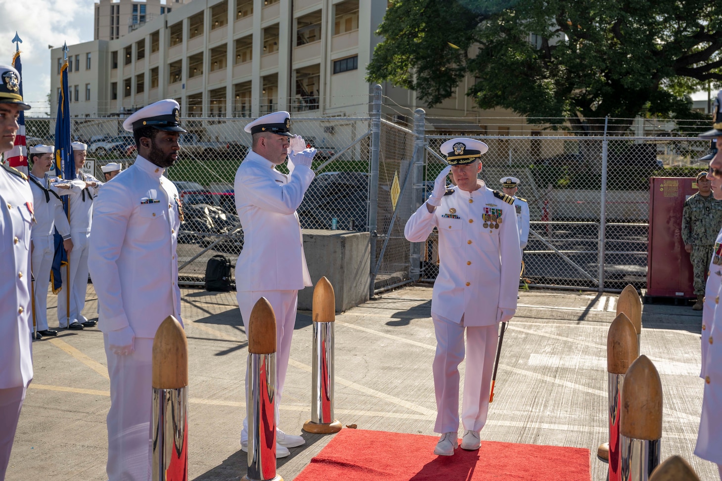 JOINT BASE PEARL HARBOR-HICKAM (Jan. 24, 2023) Cmdr. James Fulks, outgoing commanding officer of the Los Angeles-class fast-attack submarine USS Topeka (SSN 754), arrives at the change of command ceremony for the Topeka on Joint Base Pearl Harbor-Hickam, Hawaii, Jan. 25, 2024. Topeka, commissioned Oct. 21, 1989, is the third ship of the United States Navy named for the city of Topeka, Kan., and is the fourth “improved” Los Angeles-class submarine.  (U.S. Navy photo by Mass Communication Specialist 1st Class Scott Barnes)