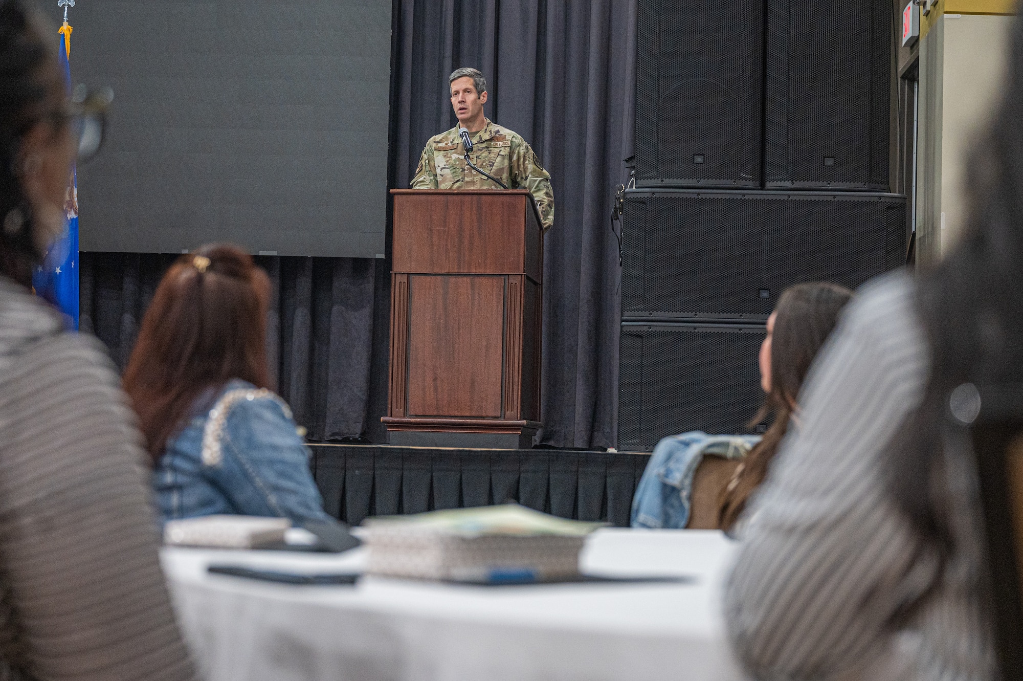 U.S. Air Force Col. William McKibban, 51st Fighter Wing commander, gives opening remarks during a volunteer appreciation event at Osan Air Base, Republic of Korea, April 26, 2024. Volunteering provides opportunities to network and socialize while increasing a sense of community. (U.S. Air Force photo by Airman 1st Class Chase Verzaal)