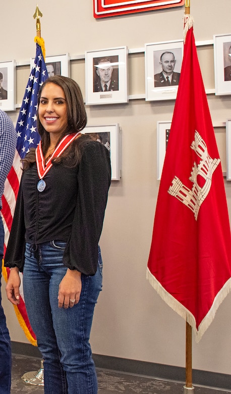 Amy Cordova, civil engineer in the district's Construction Branch, was recognized with the Steel de Fleury Medal during a district town hall meeting at the district’s Albuquerque office, March 12, 2024.