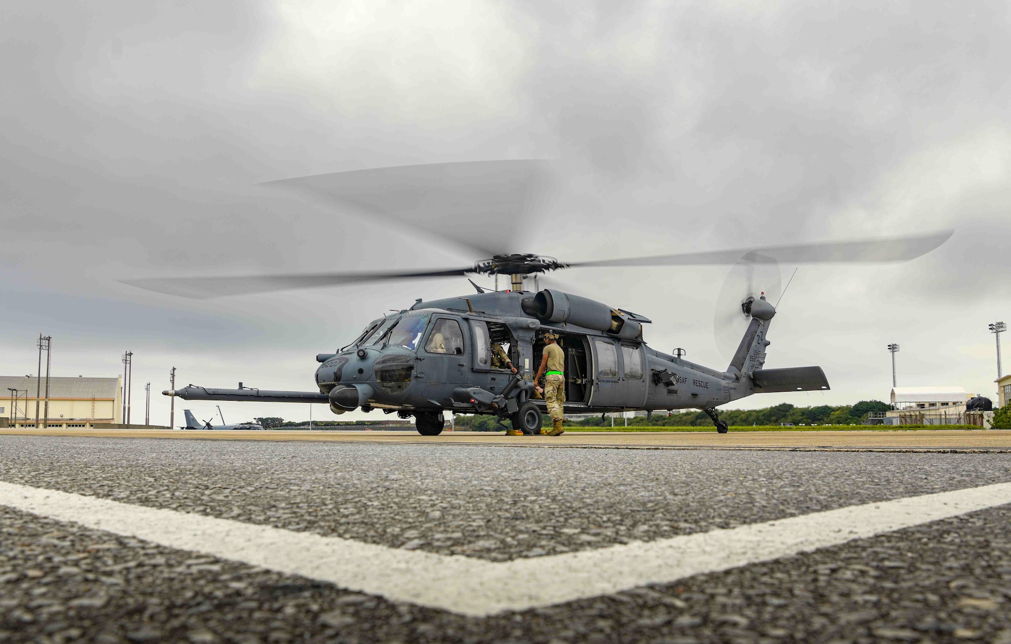 A U.S. Air Force HH-60G Pave Hawk assigned to the 33rd Rescue Squadron prepares for takeoff at Kadena Air Base, Japan, April 16, 2024.