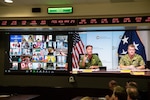 Adm. John C. Aquilino, commander of U.S. Indo-Pacific Command, hosts a virtual Chiefs of Defense meeting at the USINDOPACOM headquarters in Hawaii to strengthen military-to-military relationships, discuss common security issues and foster regional cooperation, April 29, 2024. Senior military leaders from 27 countries met virtually and reviewed the progress of agreed upon objectives. USINDOPACOM is committed to enhancing stability in the Indo-Pacific region by promoting security cooperation, encouraging peaceful development, responding to contingencies, deterring aggression and, when necessary, fighting to win. (U.S. Army photo by Sgt. Austin Riel)