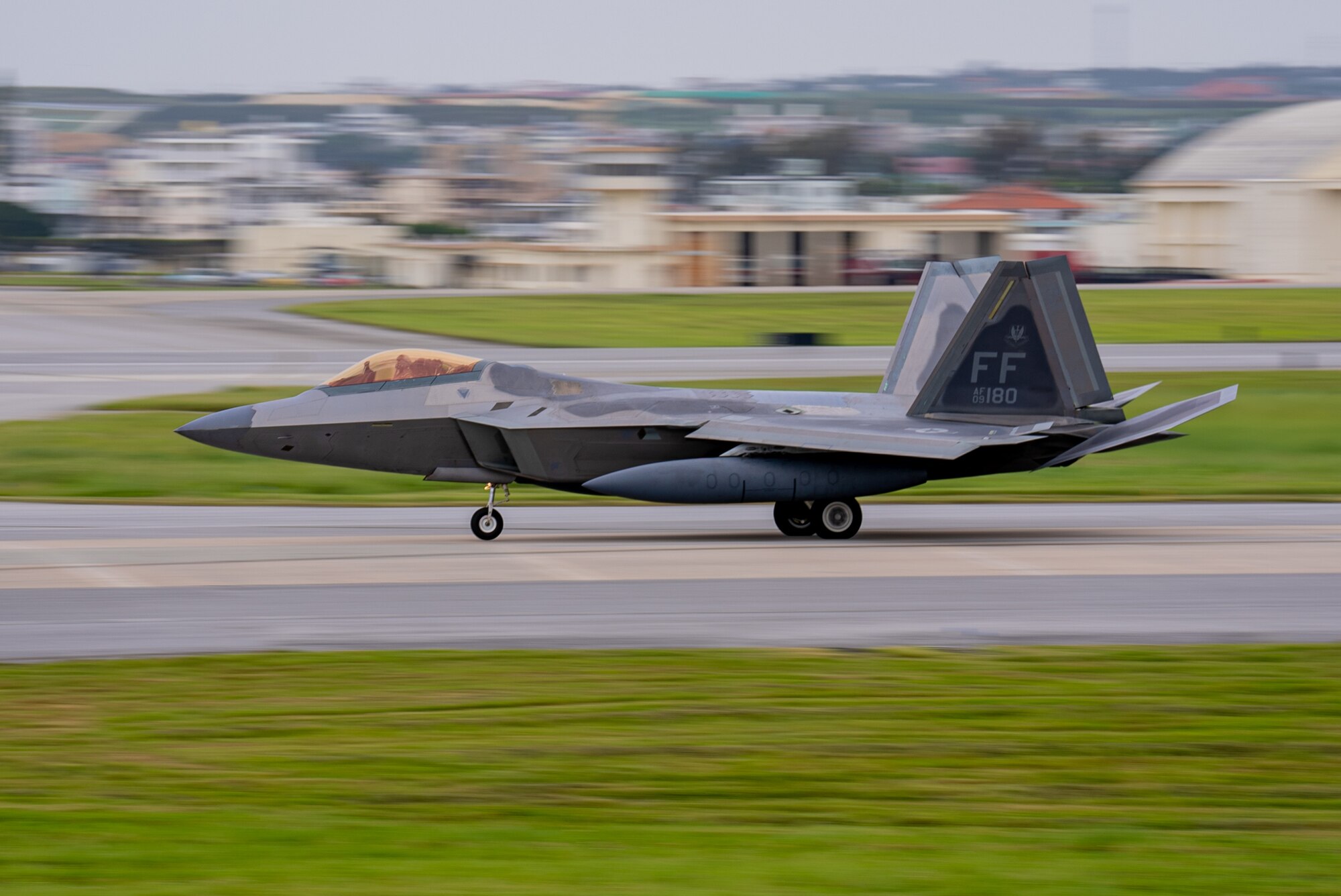 A U.S. F-22A Raptor assigned to the 27th Fighter Squadron arrives at Kadena Air Base, Japan, April 20, 2024. As the 18th Wing continues the phased return of Kadena’s fleet of F-15C/D Eagles, the Department of Defense will maintain a steady-state fighter presence in the Indo-Pacific region by temporarily deploying aircraft to maintain deterrence capabilities and added flexibility in a dynamic theater. (U.S. Air Force photo by Senior Airman Cedrique Oldaker)