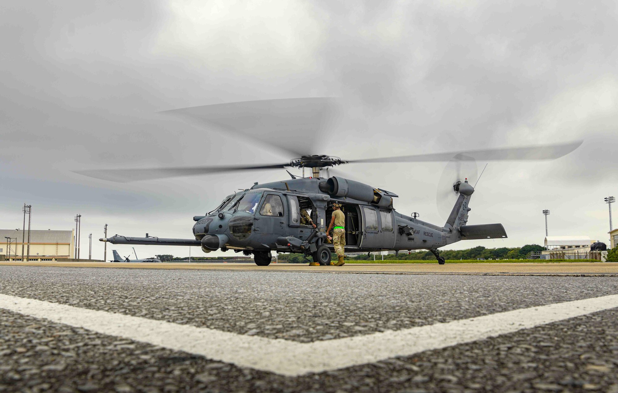 A U.S. Air Force HH-60G Pave Hawk assigned to the 33rd Rescue Squadron prepares for takeoff at Kadena Air Base, Japan, April 16, 2024.