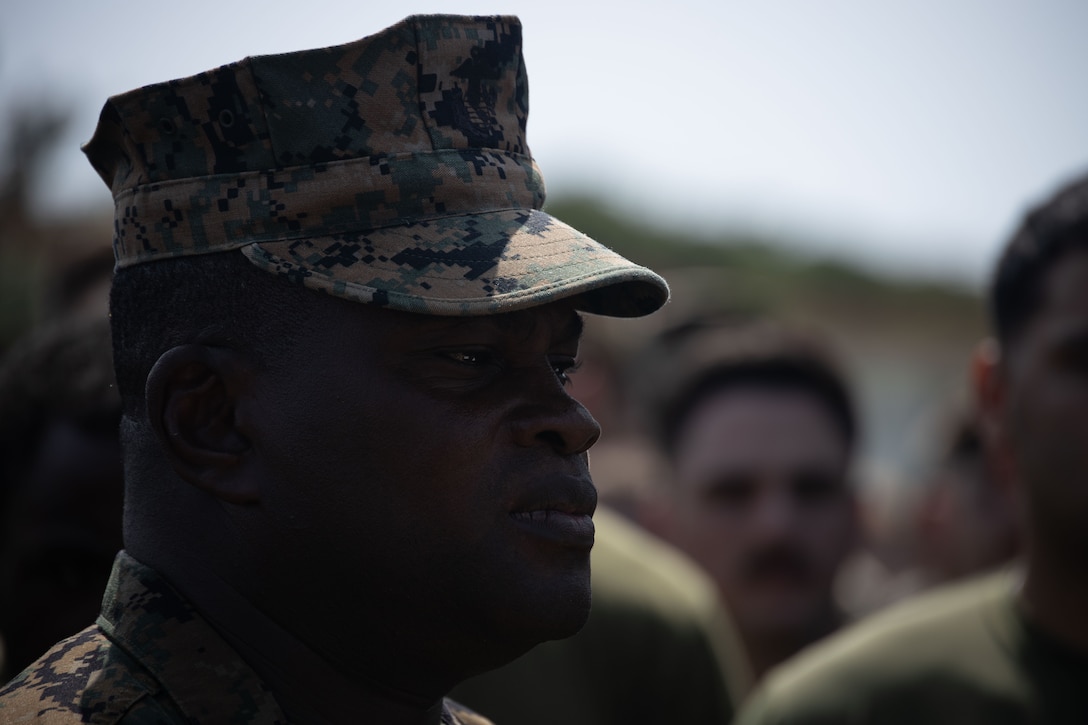 U.S. Marine Corps Sgt. Maj. Ismael Bamba is awarded the Navy and Marine Corps Commendation Medal during a ceremony on Camp Hansen, Okinawa, Japan, April 11, 2024. Bamba received the award for his heroic actions that saved the life of a Japanese national in Okinawa, Japan. The Navy and Marine Corps Commendation Medal is awarded to Marines and Sailors for meritorious service or acts of heroism. Bamba, a native of Ivory Coast, West Africa, is the sergeant major of 12th Marine Littoral Regiment, 3d Marine Division. (U.S. Marine Corps photo by Sgt. Alyssa Chuluda)
