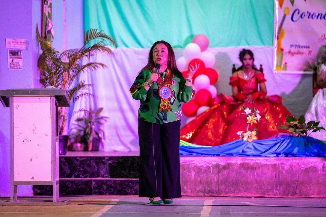 Maria Olivia B. Pascual, the vice mayor of Lal-lo, gives welcome remarks at a ‘Barangay Fiesta’ held during Exercise Balikatan 24 at Dagupan Barangay Hall, Lal-lo, Cagayan, Philippines, April 24, 2024. BK 24 is an annual exercise between the Armed Forces of the Philippines and the U.S. military designed to strengthen bilateral interoperability, capabilities, trust and cooperation built over decades of shared experiences. (U.S. Marine Corps photo by Cpl. Trent A. Henry)