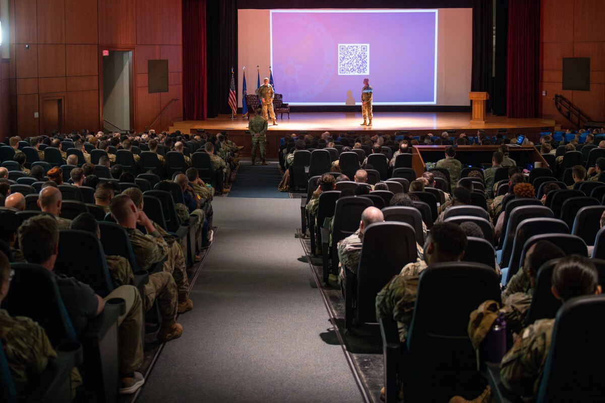 U.S. Air Force Chief of Staff Gen. David Allvin, left, and Chief Master Sgt. of the Air Force David Flosi answer questions during an all call at Joint Base Charleston, South Carolina, April 26, 2024. Allvin and Flosi met with Airmen, recognized outstanding performers, and hosted an all call to discuss the need for rapid reoptimization of forces to effectively confront great power competition. (U.S. Air Force photo by Senior Airman Christian Silvera)