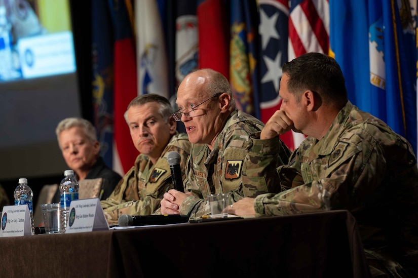 U.S. Air Force Brig. Gen. Gary Charlton, center right, director of operations, Air National Guard (ANG), discusses critical matters affecting the ANG during the 2024 Wing Leader Conference (WLC), Henderson, Nevada, April 24, 2024.