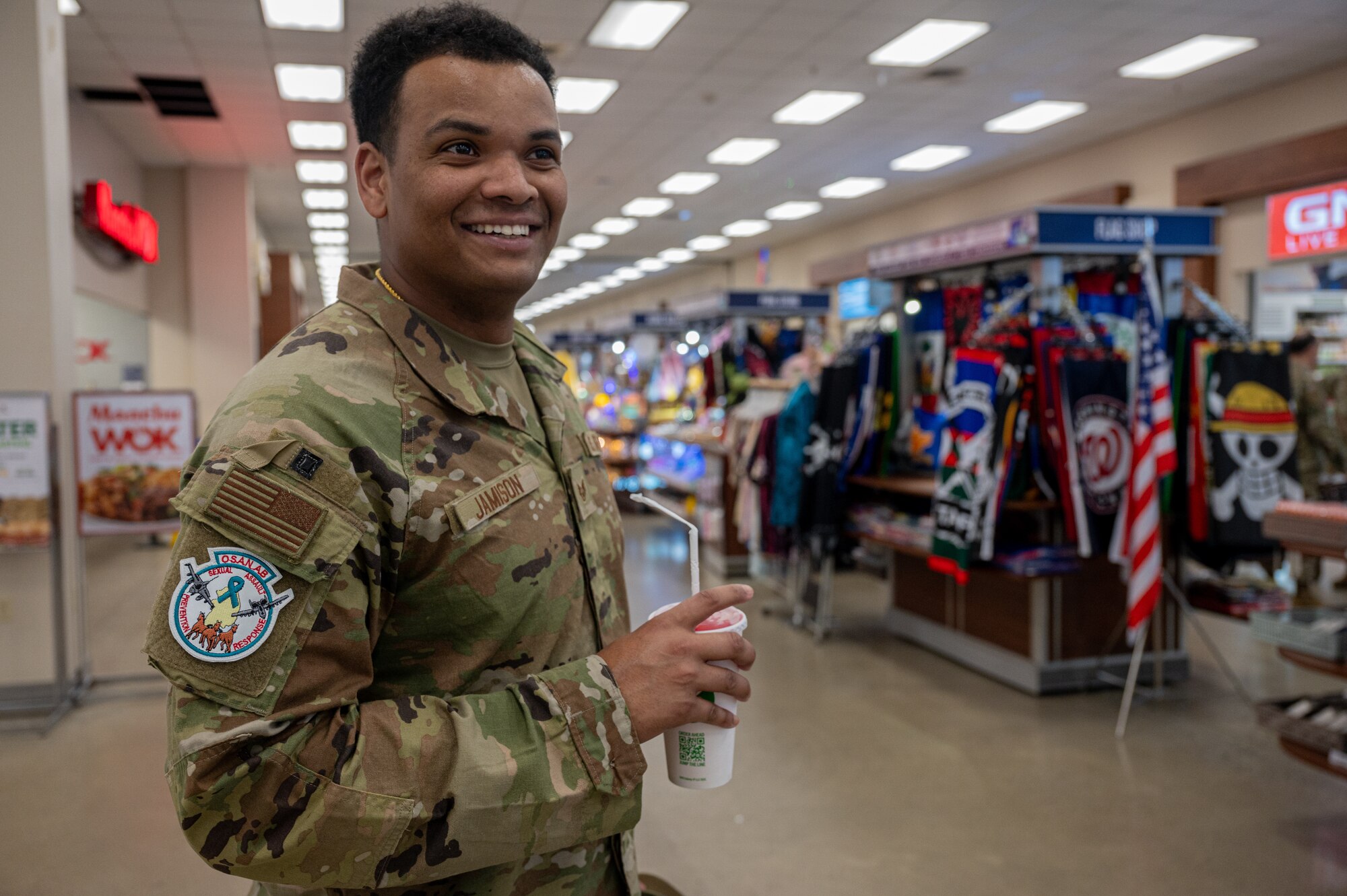 U.S. Air Force Staff Sgt. Thomas Jamison, 51st Civil Engineer Squadron non-commissioned officer in charge of emergency management plans, supports Sexual Assault Awareness and Prevention Month by wearing an Osan Air Base Sexual Assault Prevention and Response patch at Osan AB, Republic of Korea, April 22, 2024. Osan AB supports the SAAPM campaign year-round, ensuring victims have appropriate outlets for care, reporting and advocacy, so Airmen remain able to “Fight Tonight”. (U.S. Air Force photo by Airman 1st Class Chase Verzaal)