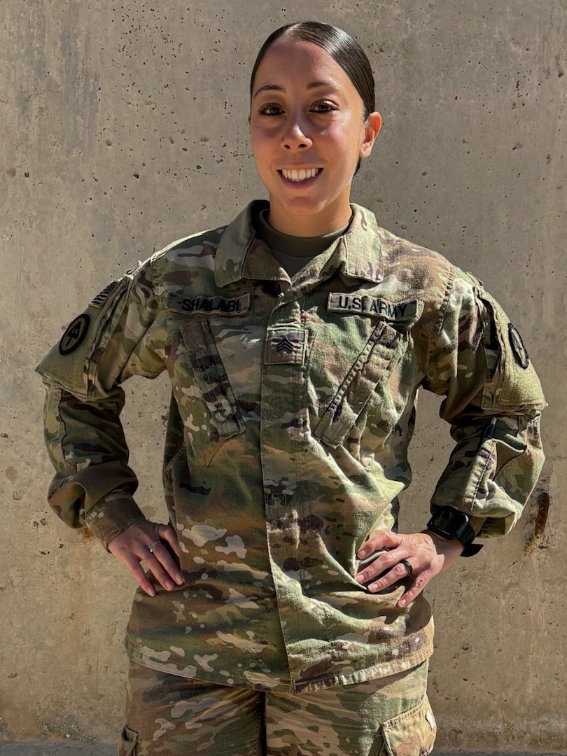 U.S. Army Sgt. Lauren Shalabi, an automated logistics specialist assigned to the 250th Brigade Support Battalion, 44th Infantry Brigade Combat Team, New Jersey Army National Guard, in Syria, April 24, 2024. Shalabi used her military and civilian skills to provide medical aid to a severely injured worker in Syria.