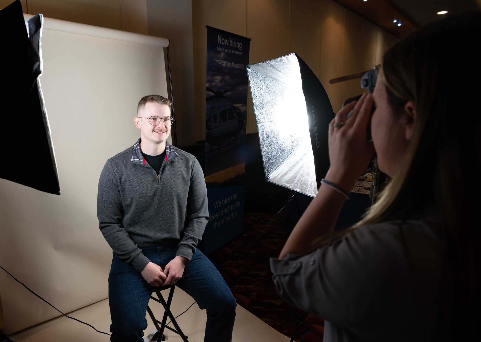 U.S. Air Force Senior Airman Jaycie Gaedtke, 48th Communications Squadron tactical communications technician, poses for a headshot during the Hiring Our Heroes career fair at Royal Air Force Mildenhall, England, April 22, 2024.