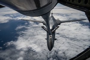 A U.S. B-1 Lancer from the 7th Bomb Wing, Dyess Air Force Base, Texas, receives fuel from a  KC-135 Stratotanker from the 100th Air Refueling Wing, Royal Air Force Mildenhall, England, over the North Sea, April 23, 2024.