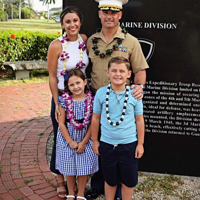 U.S. Marine Corps Lt. Col. Thomas Coyle, Goodfellow Marine Corps Detachment commanding officer, stands with Felicia Coyle, his wife; Macie Coyle, his daughter; and Brody Coyle, his son. Macie and Brody were born while Lt. Col. Coyl was stationed at Marine Corps Base Hawaii, Kaneohe Bay. (Courtesy Photo)