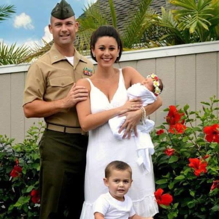 U.S. Marine Corps Capt. Thomas Coyle stands with Felicia Coyle, his wife; Macie Coyle, his daughter; and Brody Coyle, his son. (Courtesy Photo)