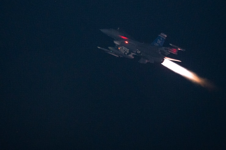 A U.S. Air Force F-16 Fighting Falcon takes off from an undisclosed location, U.S. Central Command Area of Responsibility, April 13, 2024. 