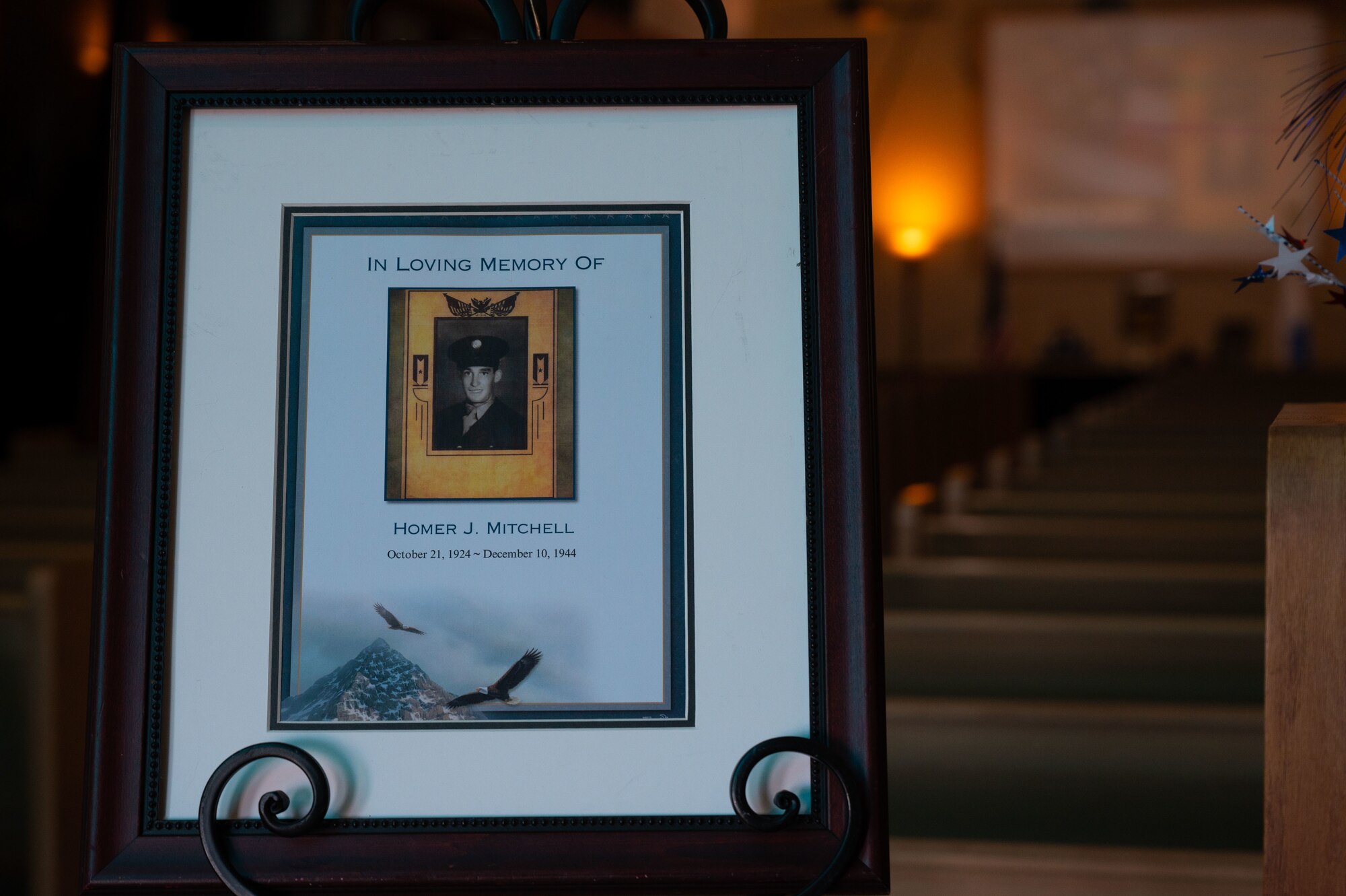 A photograph memorializing U.S. Army Pvt. Homer Mitchell is displayed in Portales, New Mexico, April 26, 2024. Mitchell served with the U.S. Army’s 90th Infantry Division during World War II, fighting from Utah Beach, France, until he was killed in action in Pachten, Germany on Dec. 10, 1944. (U.S. Air Force photo by Staff Sgt. Nicholas Swift)