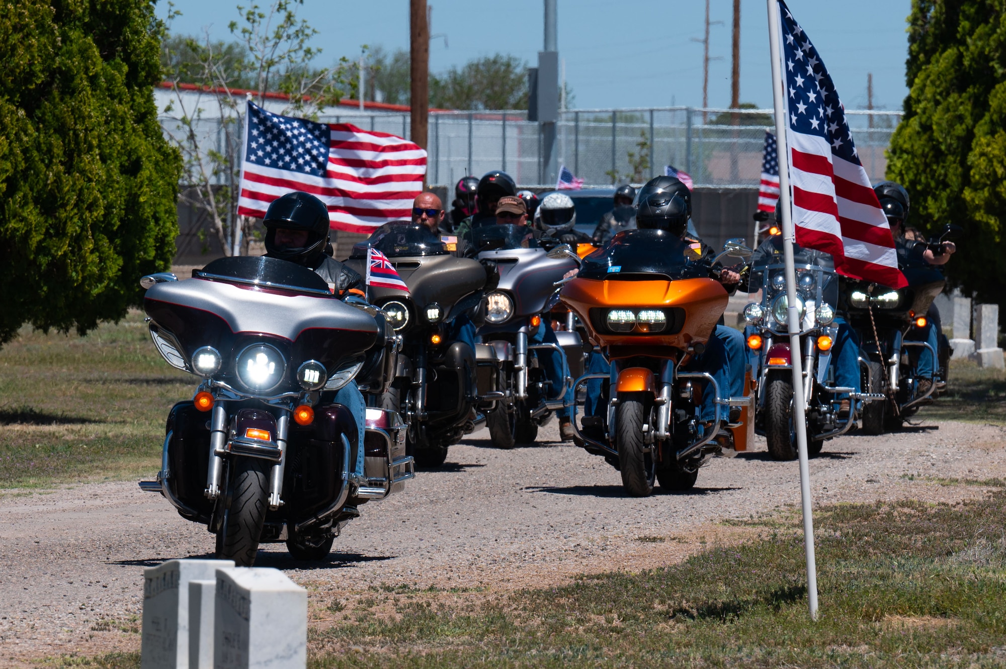 Motorcyclists escort the supporters, relatives and remains of U.S. Army Pvt. Homer Mitchell in Portales, New Mexico, April 26, 2024. Mitchell served with the U.S. Army’s 90th Infantry Division during World War II, fighting from Utah Beach, France, until he was killed in action in Pachten, Germany on Dec. 10, 1944. (U.S. Air Force photo by Staff Sgt. Nicholas Swift)