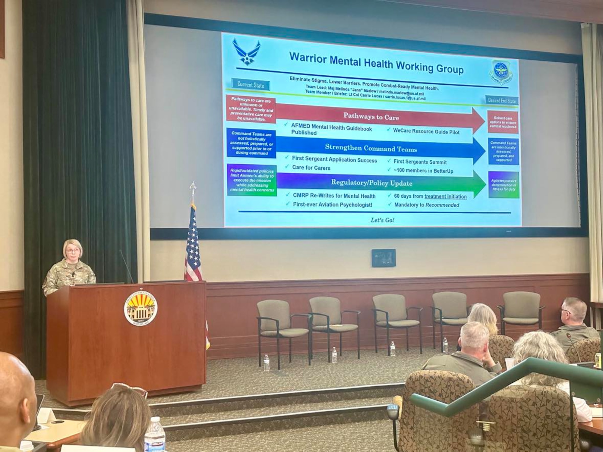 Warrior Mental Health Working Group slides are briefed at Air Mobility Command's Spring 2024 Phoenix Rally at MacDill Air Force Base, Florida, April 29, 2024. The Air Force’s mental health waiver policy in both the Air Force’s Medical Standards Directory (MSD) and Aerospace Medicine Waiver Guide has been updated to allow for Airmen to receive 60 days of treatment for mental health concerns before a return to duty waiver to fly is required. (U.S. Air Force photo by Air Mobility Command Public Affairs)