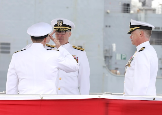 Vice Adm. Rob Gaucher, commander, Submarine Forces, middle, observes as Capt. David Fassel, left, relieves
Capt. Jason Pittman during the Commander, Submarine Squadron (CSS) Six change of command ceremony aboard the Los-Angeles class attack submarine USS Helena
(SSN-725), April 25, 2024.