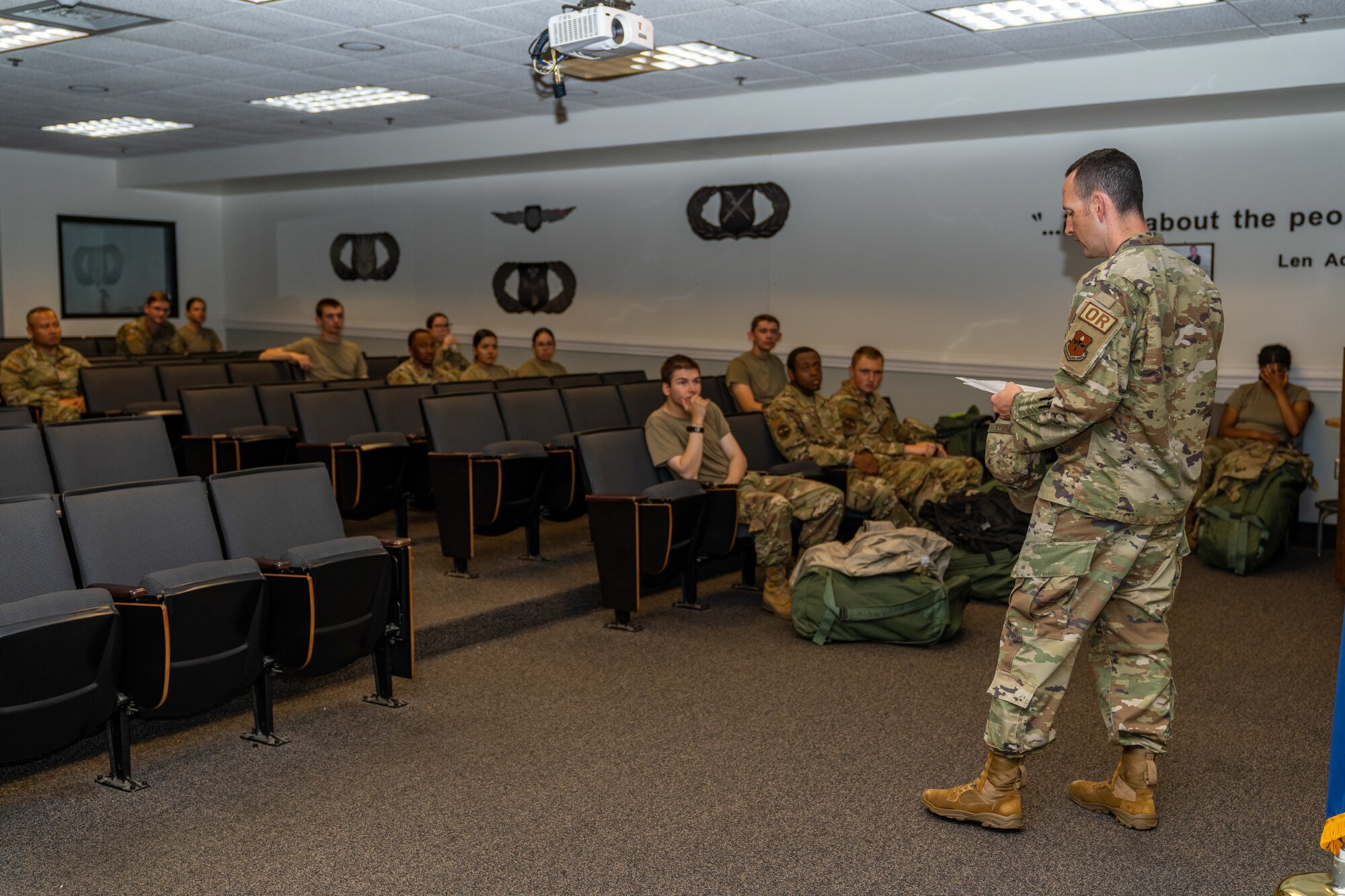 U.S. Air Force Lt. Col. Christopher Donahue, 335th Training Squadron commander, speaks with students about sheltering in place during a hurricane exercise at Keesler Air Force Base, Mississippi, April 26, 2024. Keesler personnel participated in exercise scenarios in preparation for hurricane season. (U.S. Air Force photo by Andrew Young)
