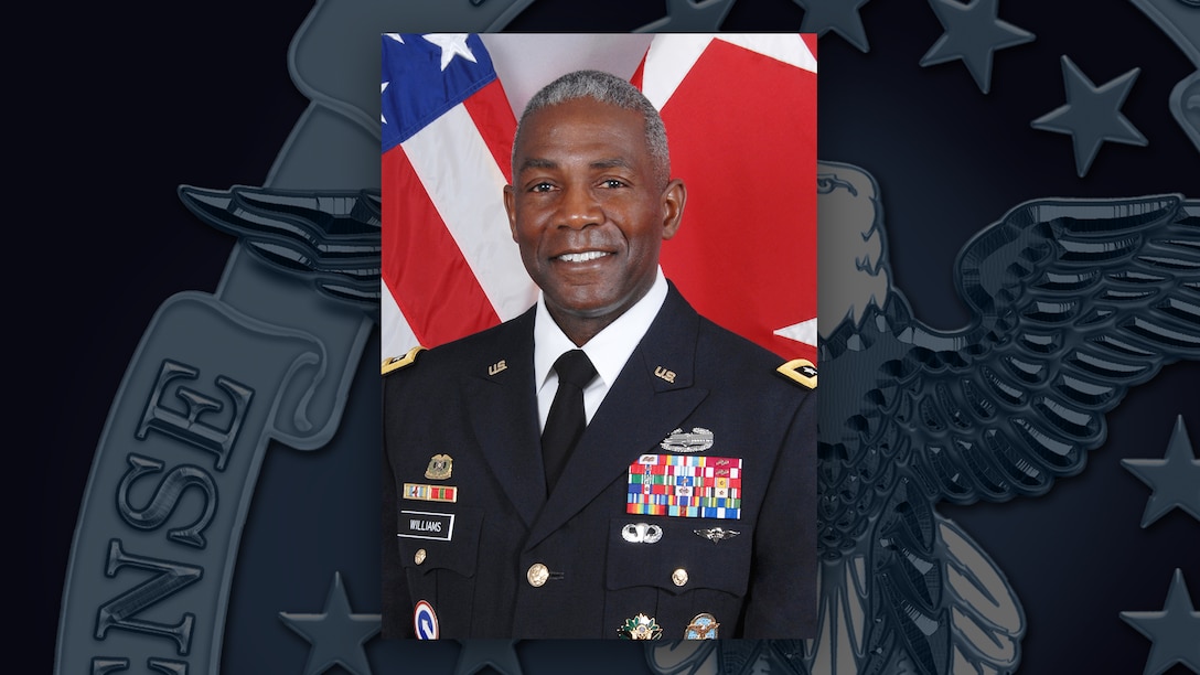 A portrait of Darrell Williams with the American and three-star Army flag behind him on a background with the DLA emblem