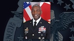 A portrait of Darrell Williams with the American and three-star Army flag behind him on a background with the DLA emblem