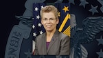A portrait of Twila Gonzales with an American and senior executive service flag behind her on a DLA emblem background