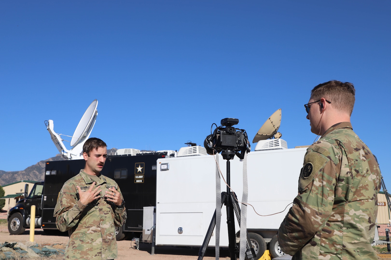 First Lt. Joseph Quinn, the executive officer in the 349th Composite Supply Company, California Army National Guard, participates in an interview on Fort Carson, Colorado, April 25, 2024, during the Vibrant Response exercise.