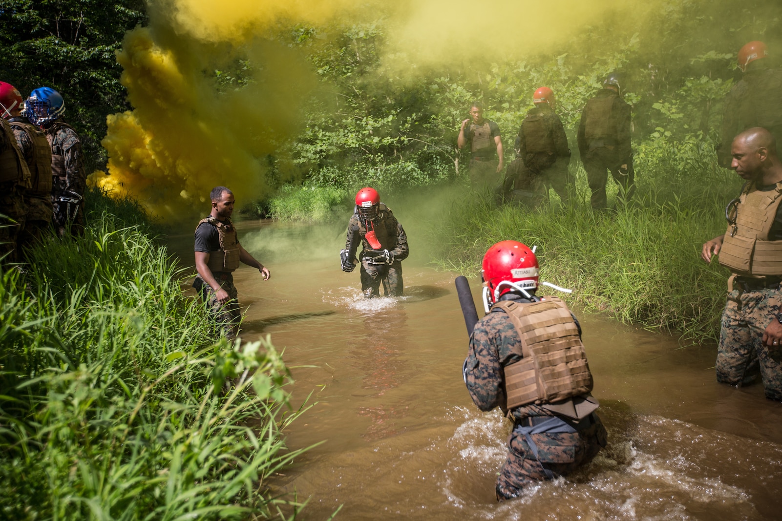 U.S. Marines participate in weapons of opportunity free sparring during the culminating event of the Martial Arts Instructor Trainer course aboard Marine Corps Base Quantico, VA., June 21, 2017. The exercise is a five-hour event, which challenges the students to show expertise in ground fighting, weapons free sparring, and bayonet and knife techniques. (U.S. Marine Corps photo by Sgt. Melissa Marnell/Released)