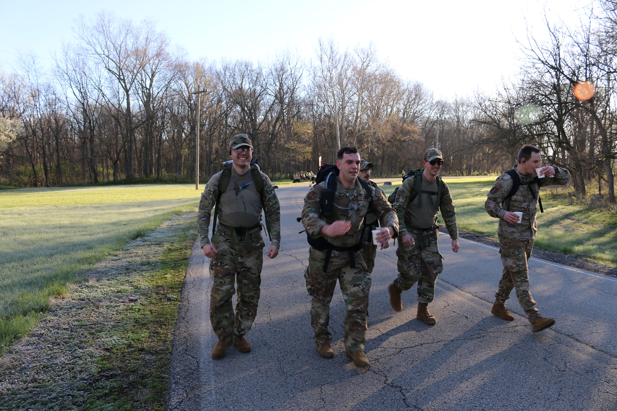 Various members of the 445th Airlift Wing honor guard were among 100 participants to complete the 18 mile Norwegian foot march hosted by the 88th Security Forces Squadron at Wright-Patterson Air Force Base, Ohio April 6, 2024. The participants carried backpacks weighing at least 25 pounds around the course.