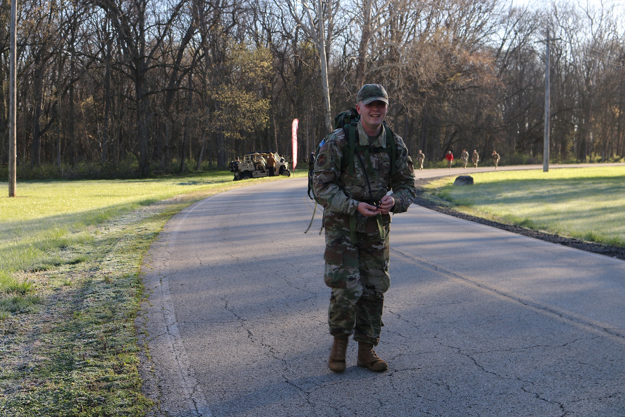 Tech. Sgt. Bryce Phelps, 87th Aerial Port Squadron, was among 100 participants to complete the 18 mile Norwegian foot march hosted by the 88th Security Forces Squadron at Wright-Patterson Air Force Base, Ohio April 6, 2024. The participants carried backpacks weighing at least 25 pounds around the course.