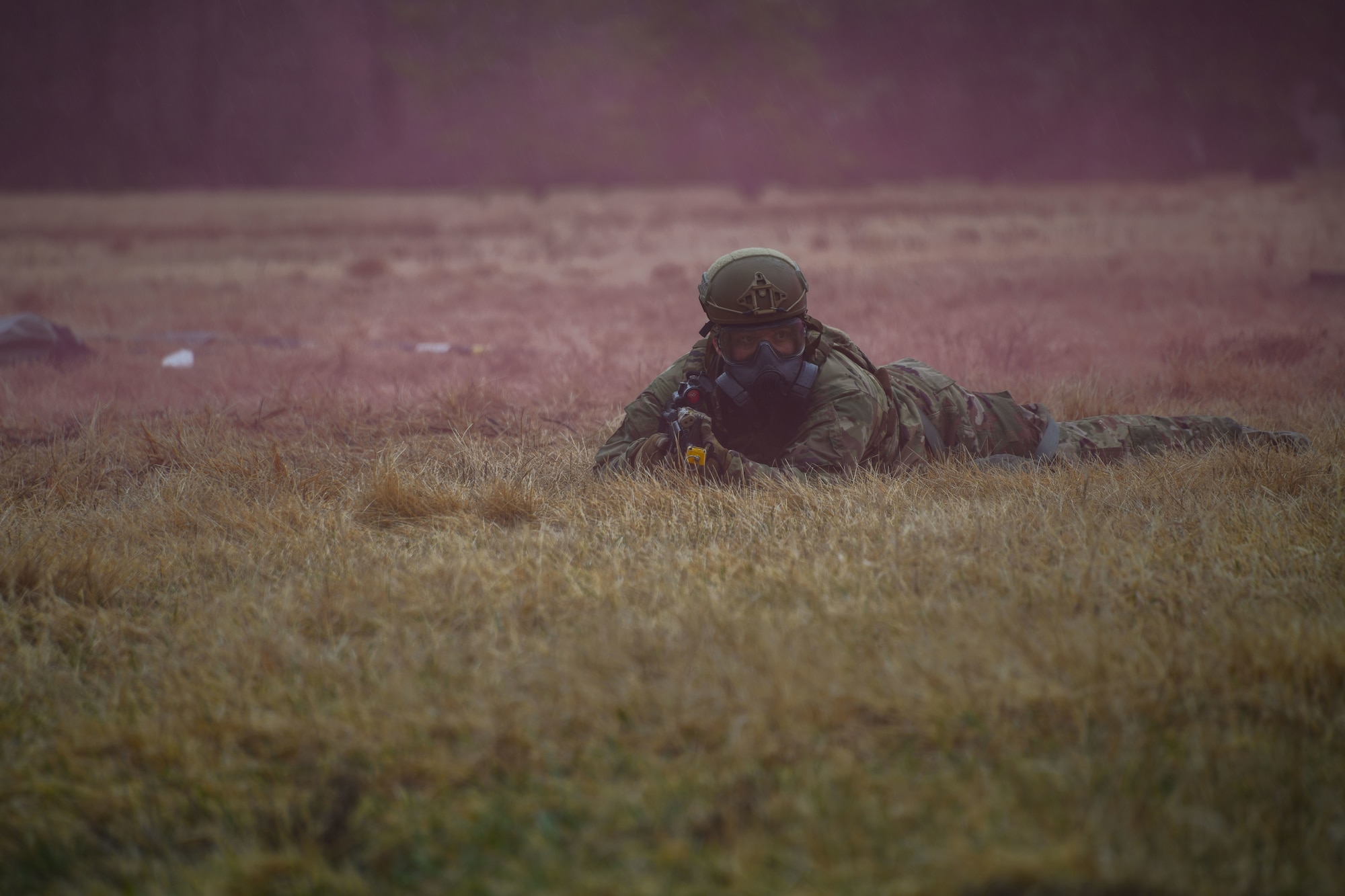 Armed military member lays prone in a smoke covered field.