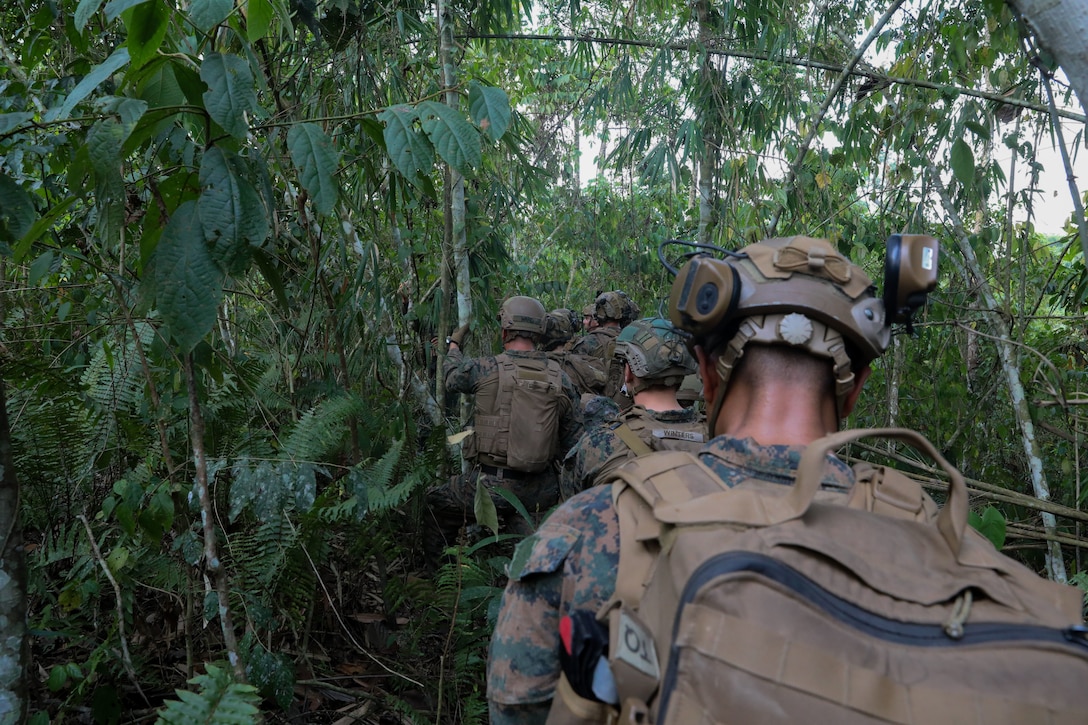 U.S. Marines with Echo Company, 2nd Battalion, 1st Marine Regiment, 1st Marine Division, participate in a jungle patrol during jungle operations and survival training as part of Marine Exercise 2024 near Cotabato City, Mindanao, Philippines, April 12, 2024.