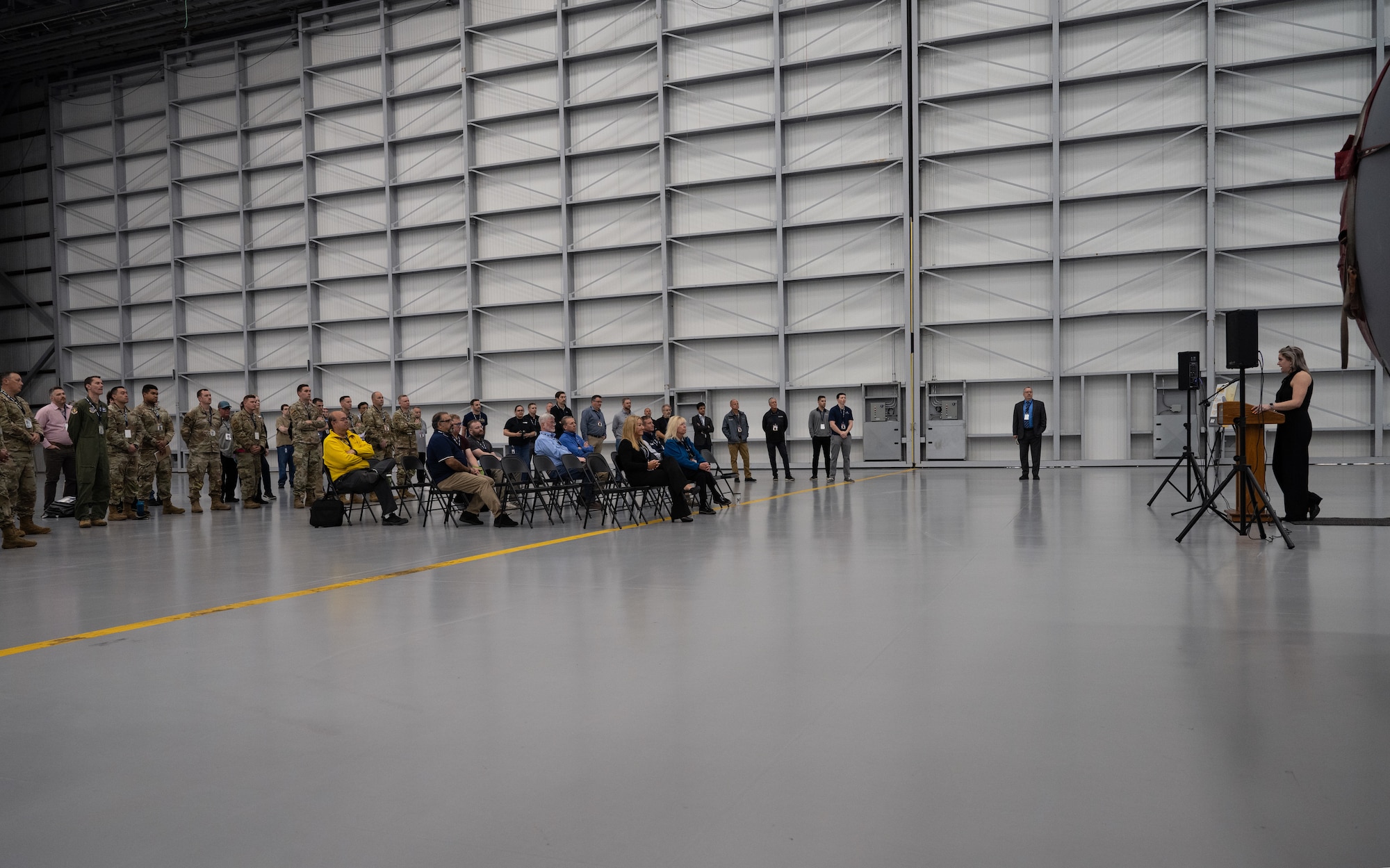 Airmen and industry partners listen to opening remarks for STRATO-Tech, a convention to sustain the KC-135 Stratotanker, on April 22, 2024, in Wichita, Kansas. STRATO-Tech is an initiative under the Sustainment Technologies, Research and Automation for Transformative Operations Testbed that studies, develops and tests new to improve the efficiency and cost-effectiveness of the KC-135. (U.S. Air Force photo by Staff Sgt. Tryphena Mayhugh)