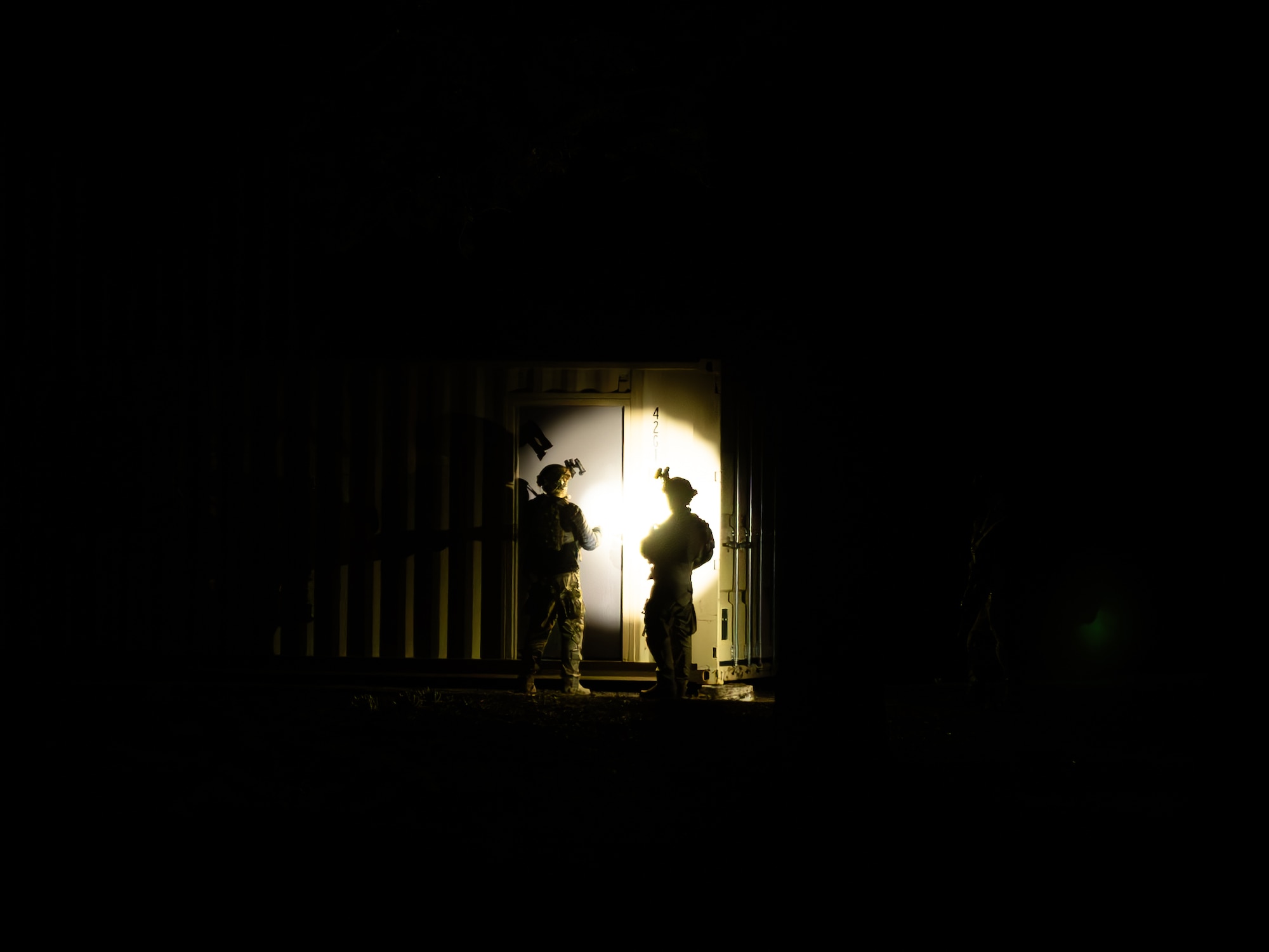 U.S. Air Force Airmen assigned to the 56th Civil Engineer Squadron Explosive Ordnance Disposal flight participate in a night infiltration scenario during exercise Operation Pegasus at Camp Navajo, Arizona, April 21-26, 2024.
