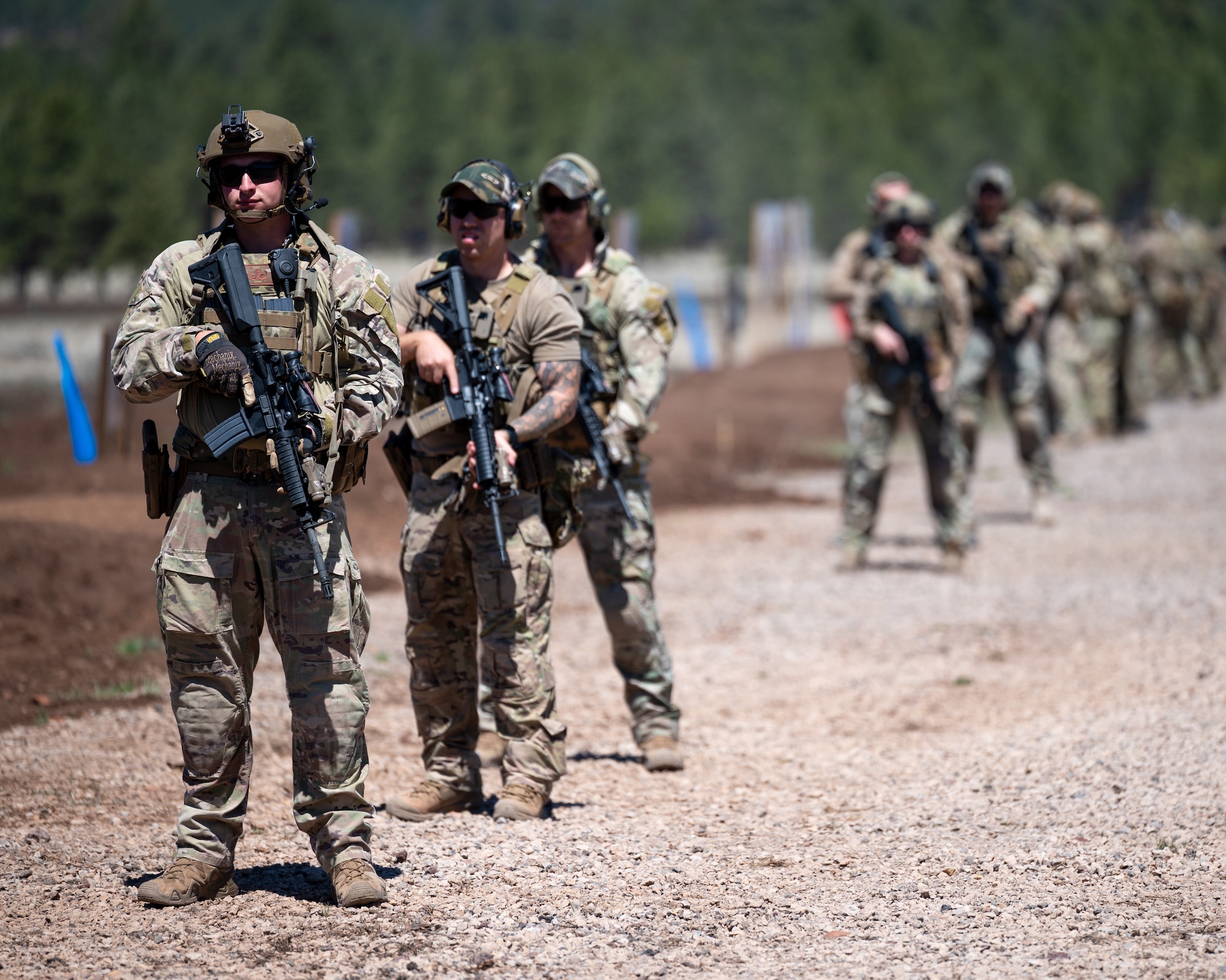 U.S. Air Force Airmen assigned to the 56th Civil Engineer Squadron Explosive Ordnance Disposal flight prepare for combat arms training during exercise Operation Pegasus at Camp Navajo, Arizona, April 21-26, 2024.