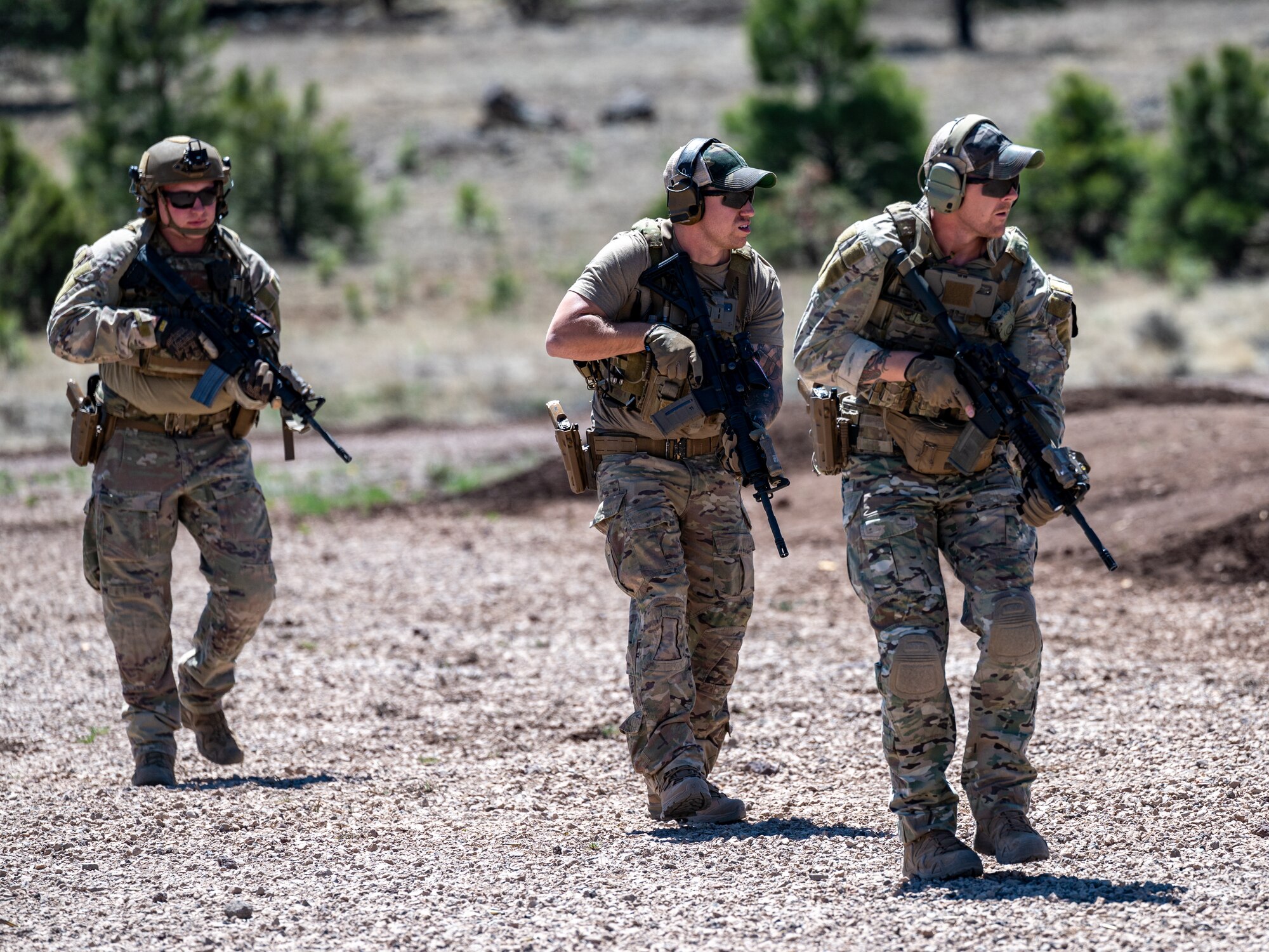 U.S. Air Force Airmen assigned to the 56th Civil Engineer Squadron Explosive Ordnance Disposal flight prepare for combat arms training during exercise Operation Pegasus at Camp Navajo, Arizona, April 21-26, 2024.