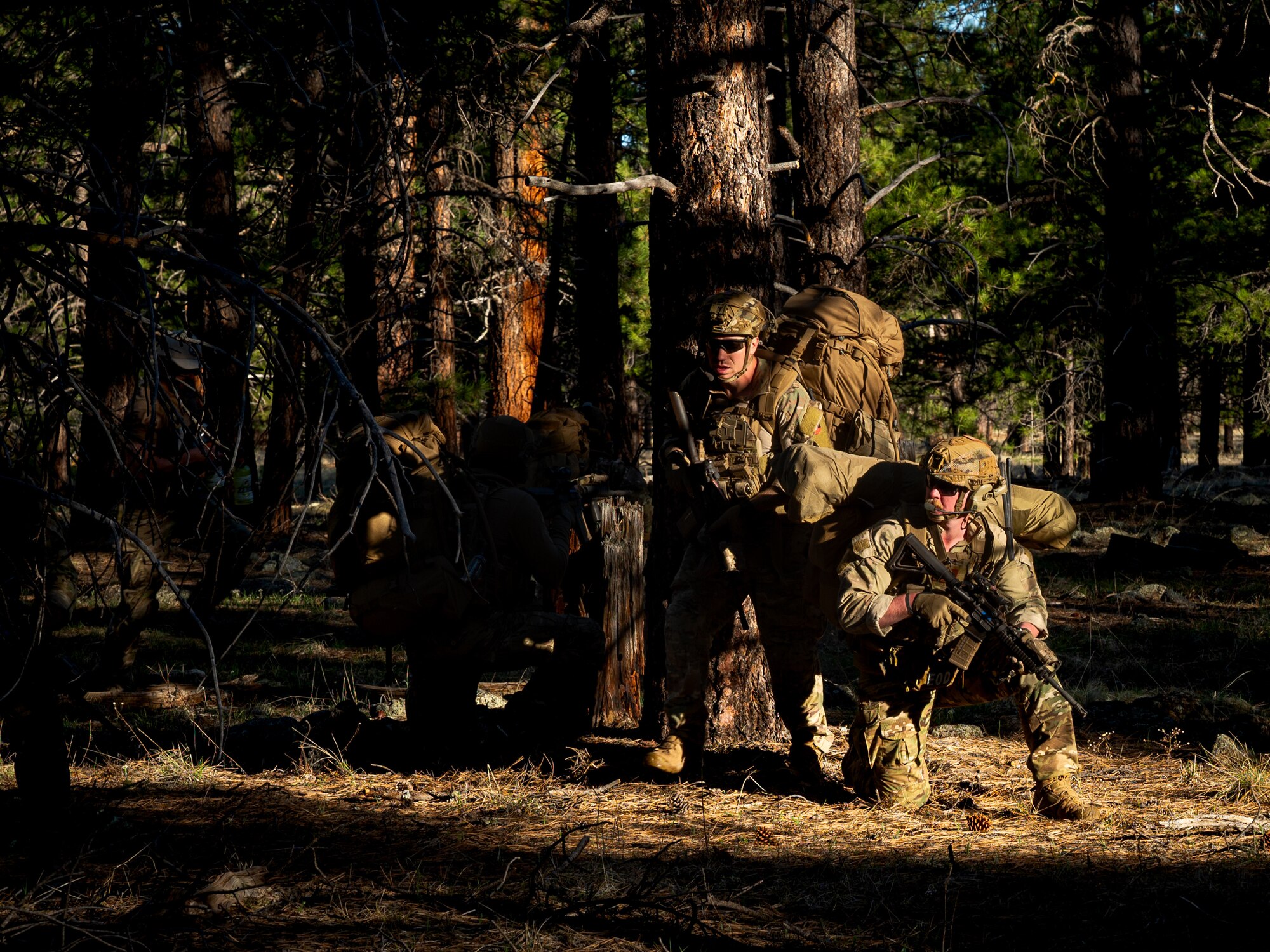 U.S. Air Force Airmen assigned to the 56th Civil Engineer Squadron Explosive Ordnance Disposal flight participate in an infiltration scenario during exercise Operation Pegasus at Camp Navajo, Arizona, April 21-26, 2024.