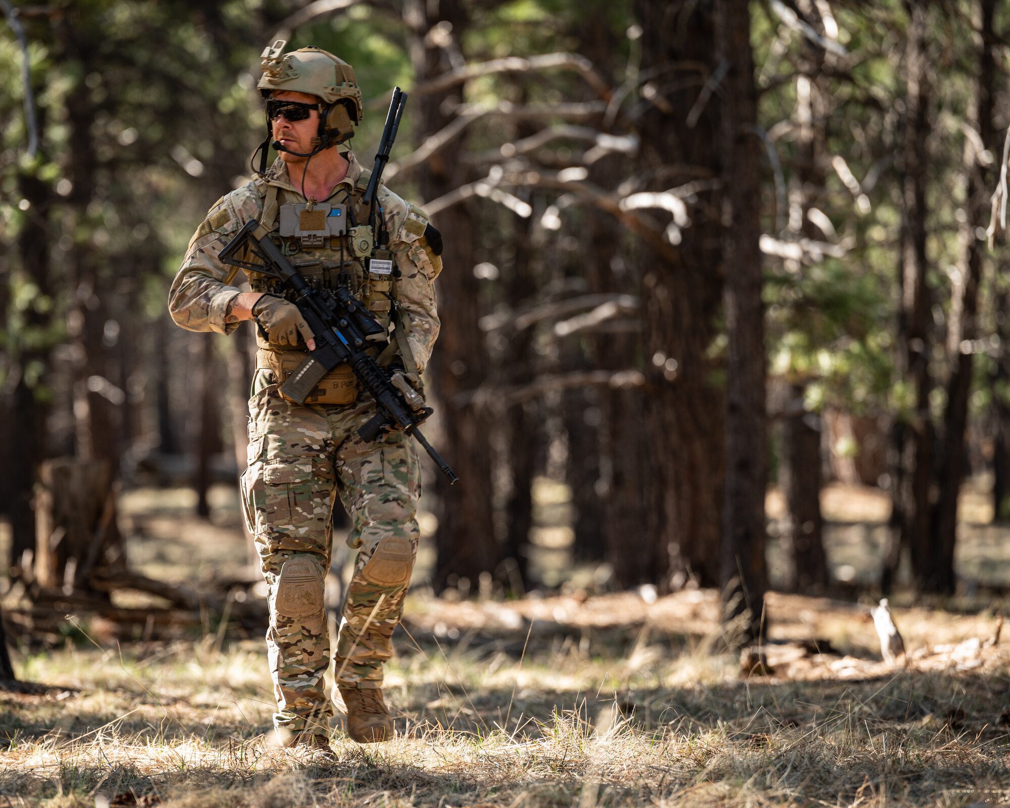 U.S. Air Force Senior Airman Seth Elroy, 56th Civil Engineer Squadron Explosive Ordnance Disposal technician, participates in an infiltration scenario during exercise Operation Pegasus at Camp Navajo, Arizona, April 21-26, 2024.