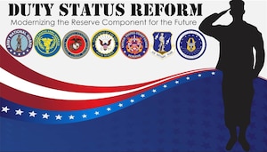 A graphic that reads “Duty Status Reform: Modernizing the Reserve Component for the future” has the seals of the seven uniformed services’ reserve components lined up across it. To the right of the seals, there is the silhouette of a service member in uniform saluting.