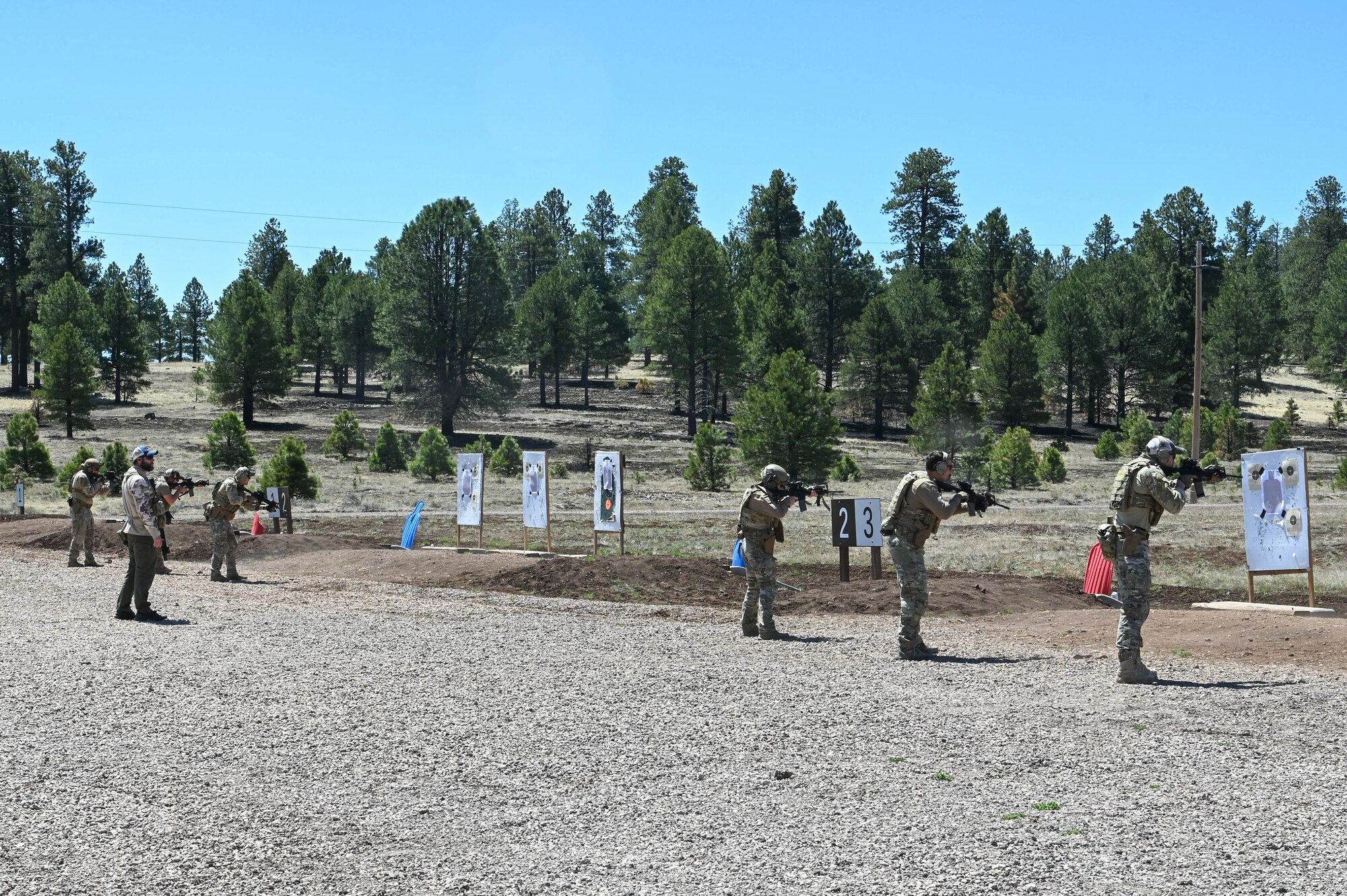 U.S. Air Force Airmen assigned to the 56th Civil Engineer Squadron Explosive Ordnance Disposal flight participate in combat arms drills during exercise Operation Pegasus at Camp Navajo, Arizona, April 21-26, 2024.