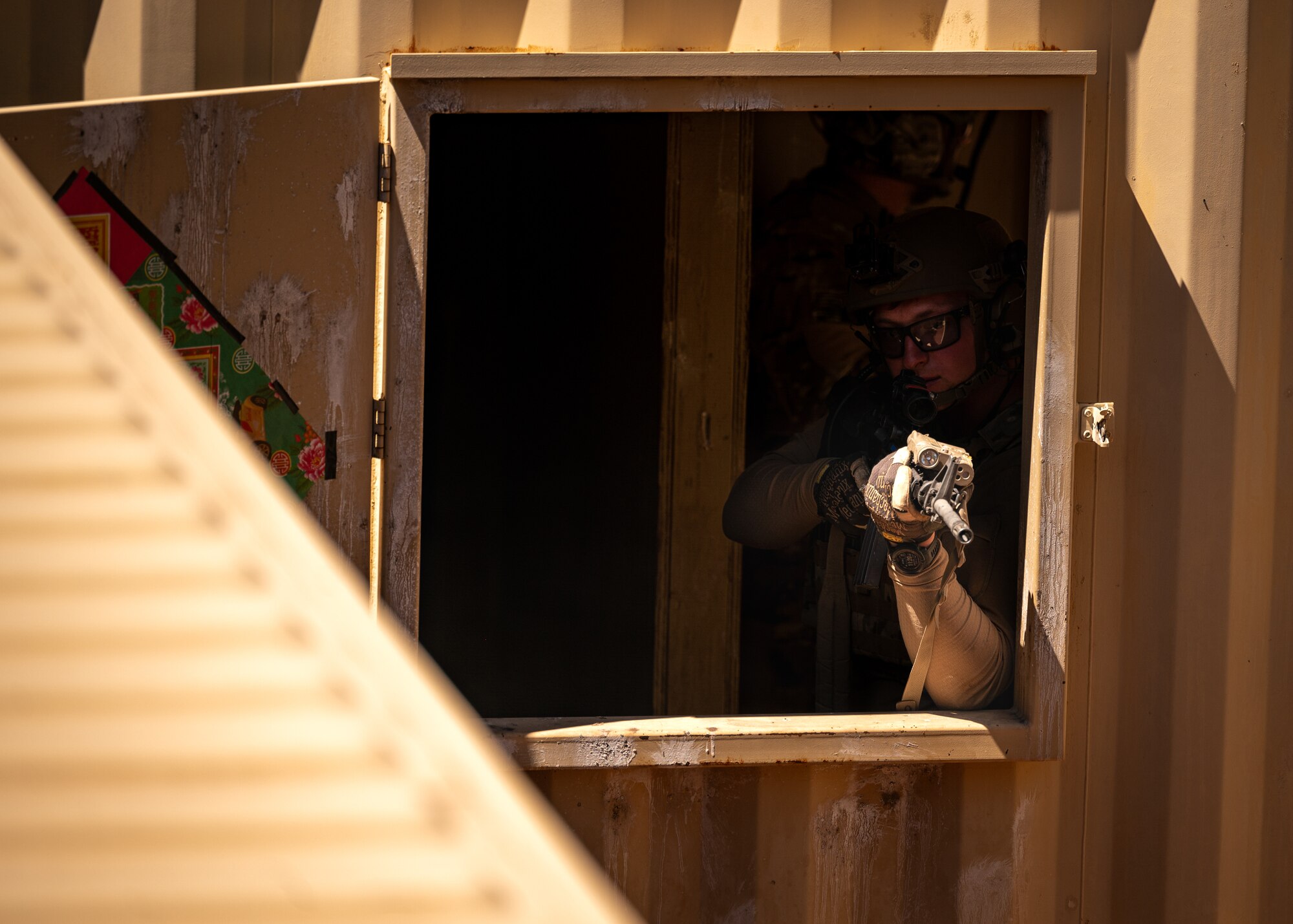 U.S. Air Force Senior Airman Randall Dorsett II, 56th Civil Engineer Squadron Explosive Ordnance Disposal flight technician, participates in an infiltration scenario during exercise Operation Pegasus at Camp Navajo, Arizona, April 21-26, 2024.