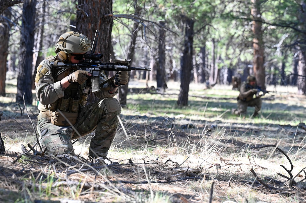.S. Air Force Staff Sgt Jack Jorgensen, 56th Civil Engineer Squadron Explosive Ordnance Disposal technician, participates in a recon patrol during exercise Operation Pegasus at Camp Navajo, Arizona, April 21-26, 2024.
