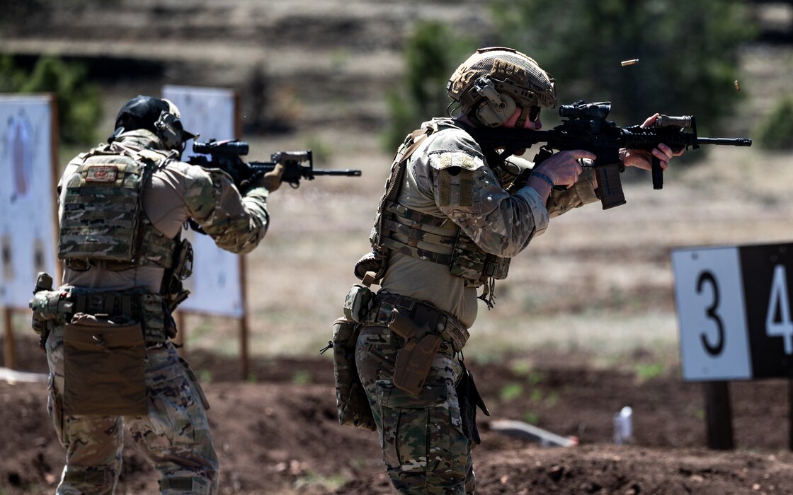 U.S. Air Force Airmen assigned to the 56th Civil Engineer Squadron Explosive Ordnance Disposal flight fire M4 carbines on a firing range during exercise Operation Pegasus at Camp Navajo, Arizona, April 21-26, 2024.