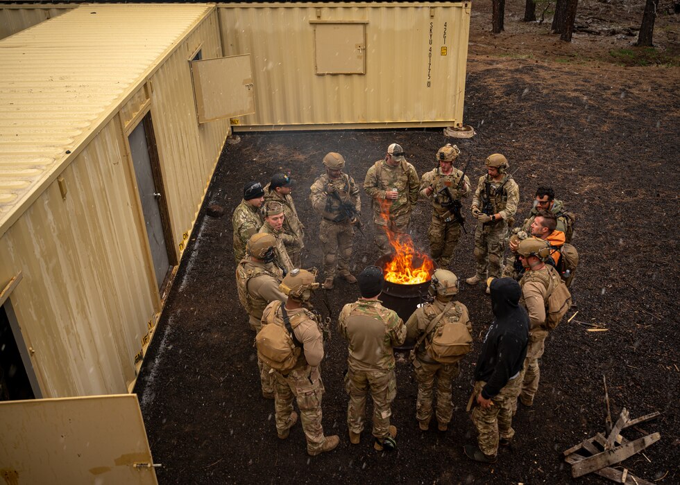 U.S. Air Force Airmen assigned to the 56th Civil Engineer Squadron Explosive Ordnance Disposal flight conduct a debrief during exercise Operation Pegasus at Camp Navajo, Arizona, April 21-26, 2024.