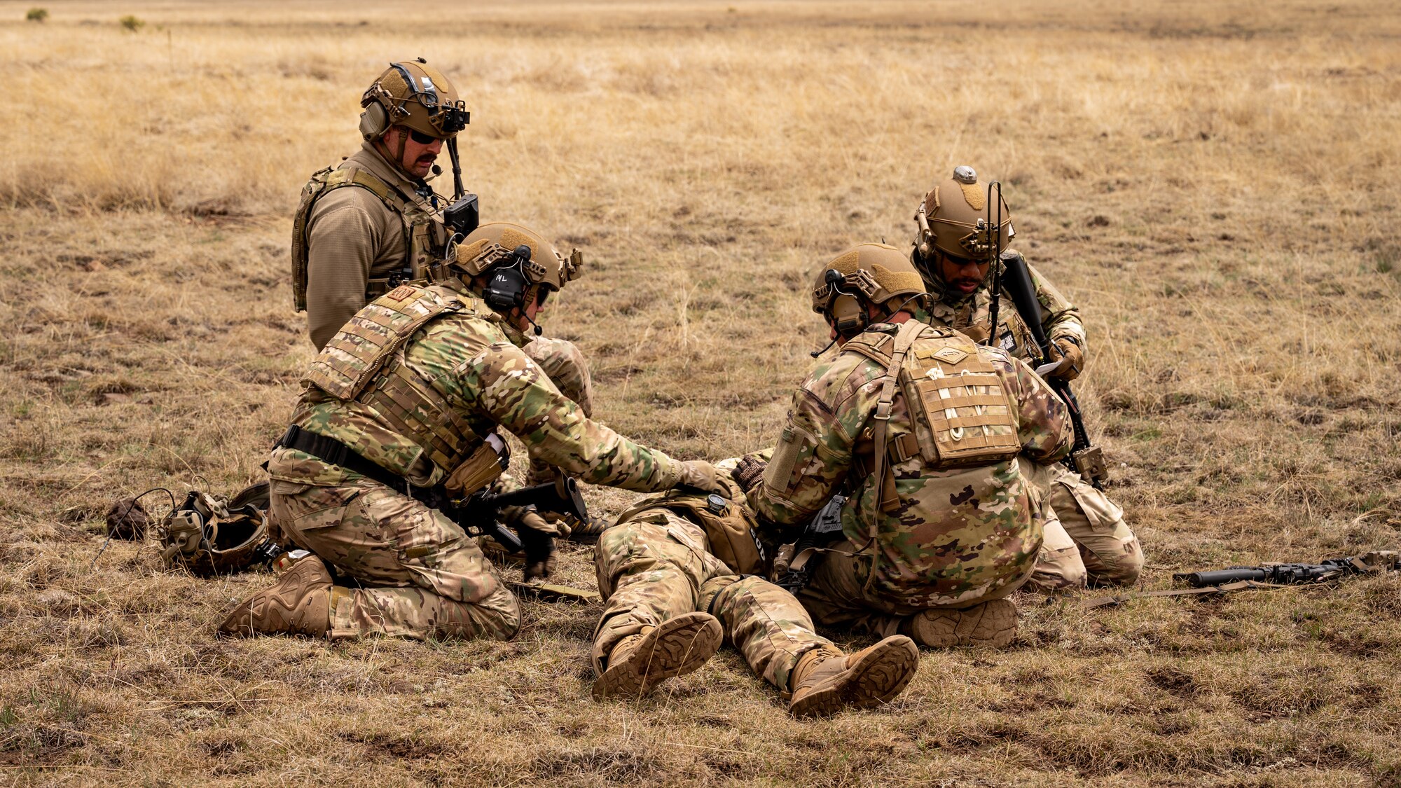 U.S. Air Force Airmen assigned to the 56th Civil Engineer Squadron Explosive Ordnance Disposal flight participate in an emergency evacuation scenario during Operation Pegasus at Camp Navajo, Arizona, April 21-26, 2024.