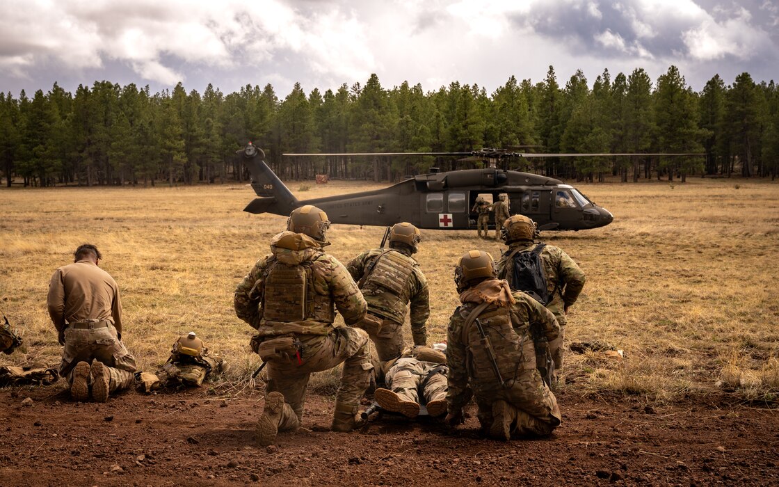 U.S. Air Force Airmen assigned to the 56th Civil Engineer Squadron Explosive Ordnance Disposal flight participate in an emergency evacuation scenario during Operation Pegasus at Camp Navajo, Arizona, April 21-26, 2024.